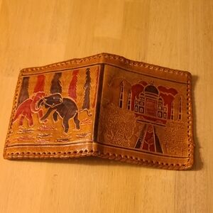 Artisan Tan Leather Wallet with Elephant Design